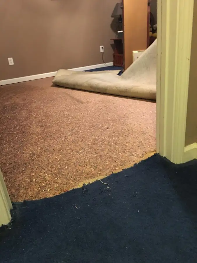 Carpet pad removal revealing water damage during Water Mitigation Services in La Grange
